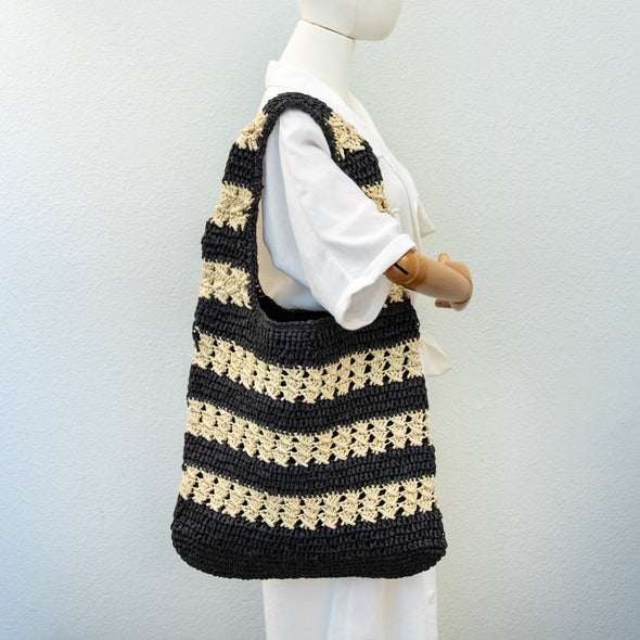 Handmade Crochet Straw Tote Bag – Black & Beige Striped Shoulder Bag