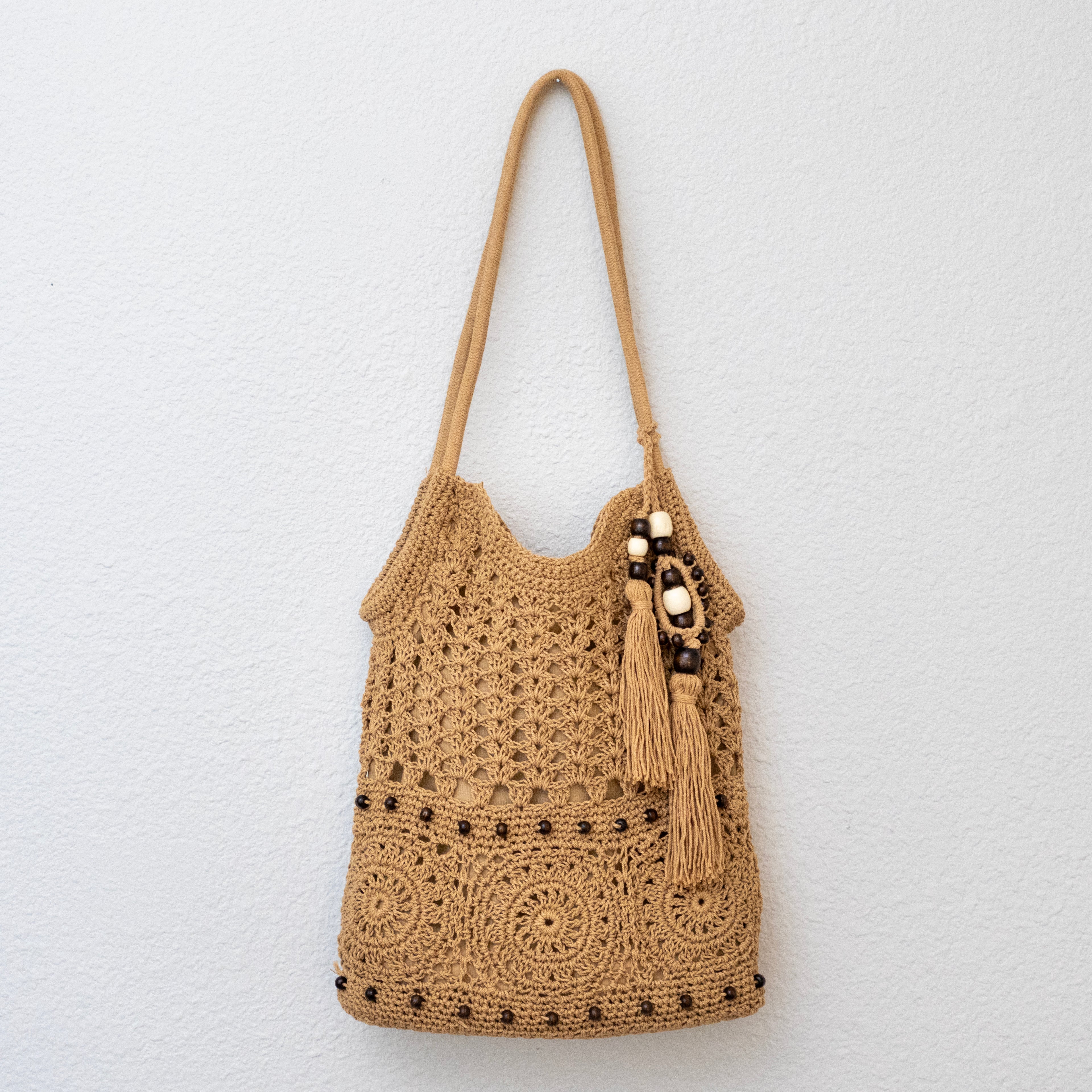 Boho Handmade Crochet Tote Bag with Tassel & Wooden Bead