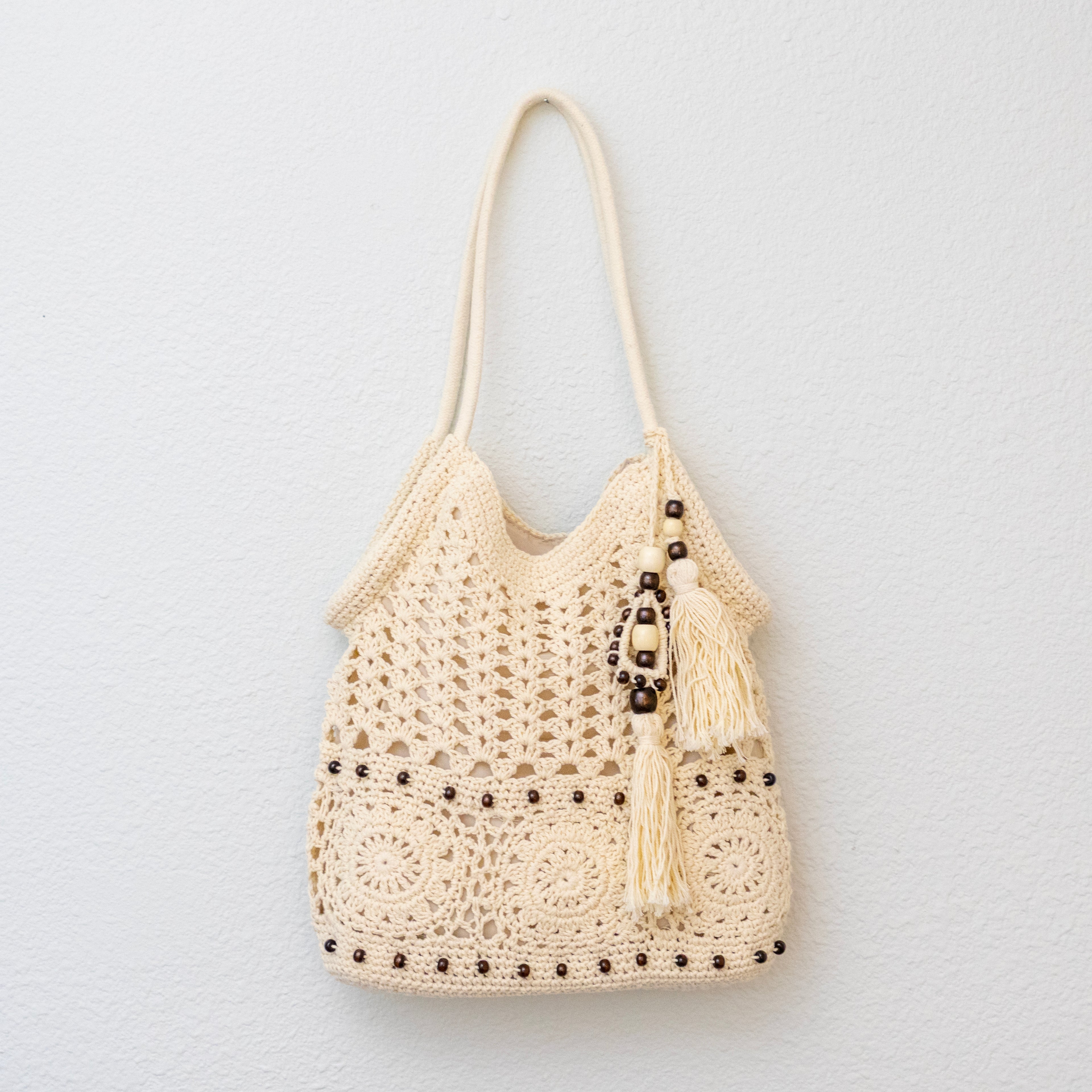 Boho Handmade Crochet Tote Bag with Tassel & Wooden Bead