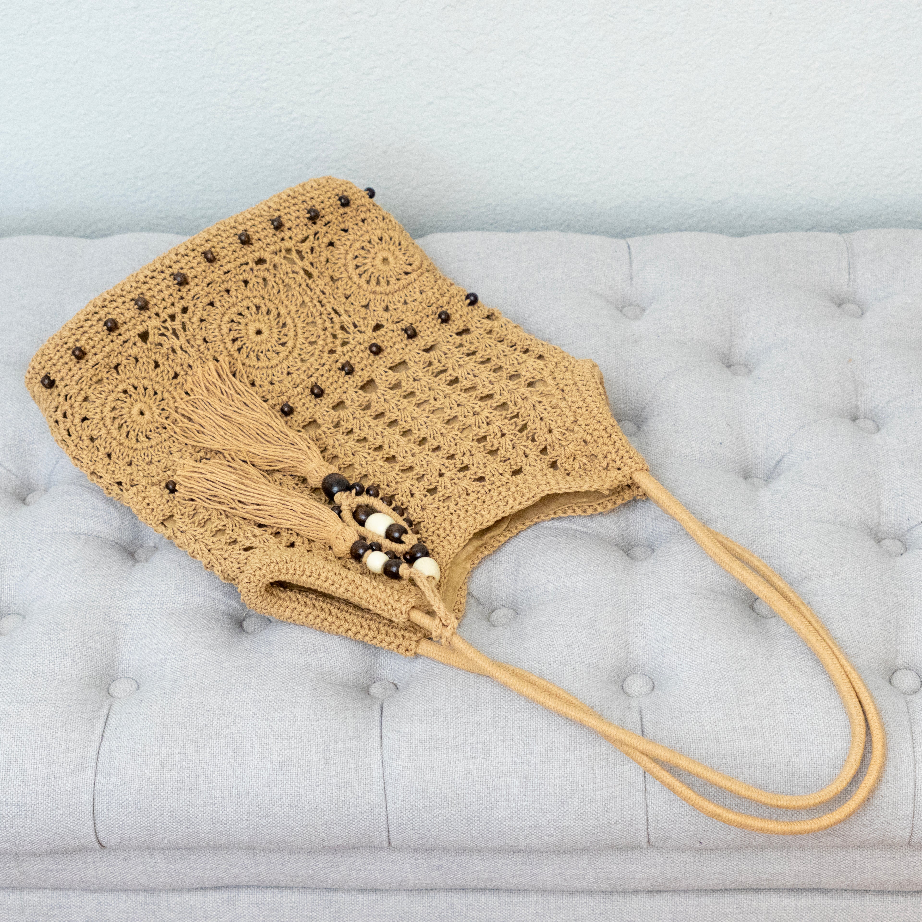 Boho Handmade Crochet Tote Bag with Tassel & Wooden Bead