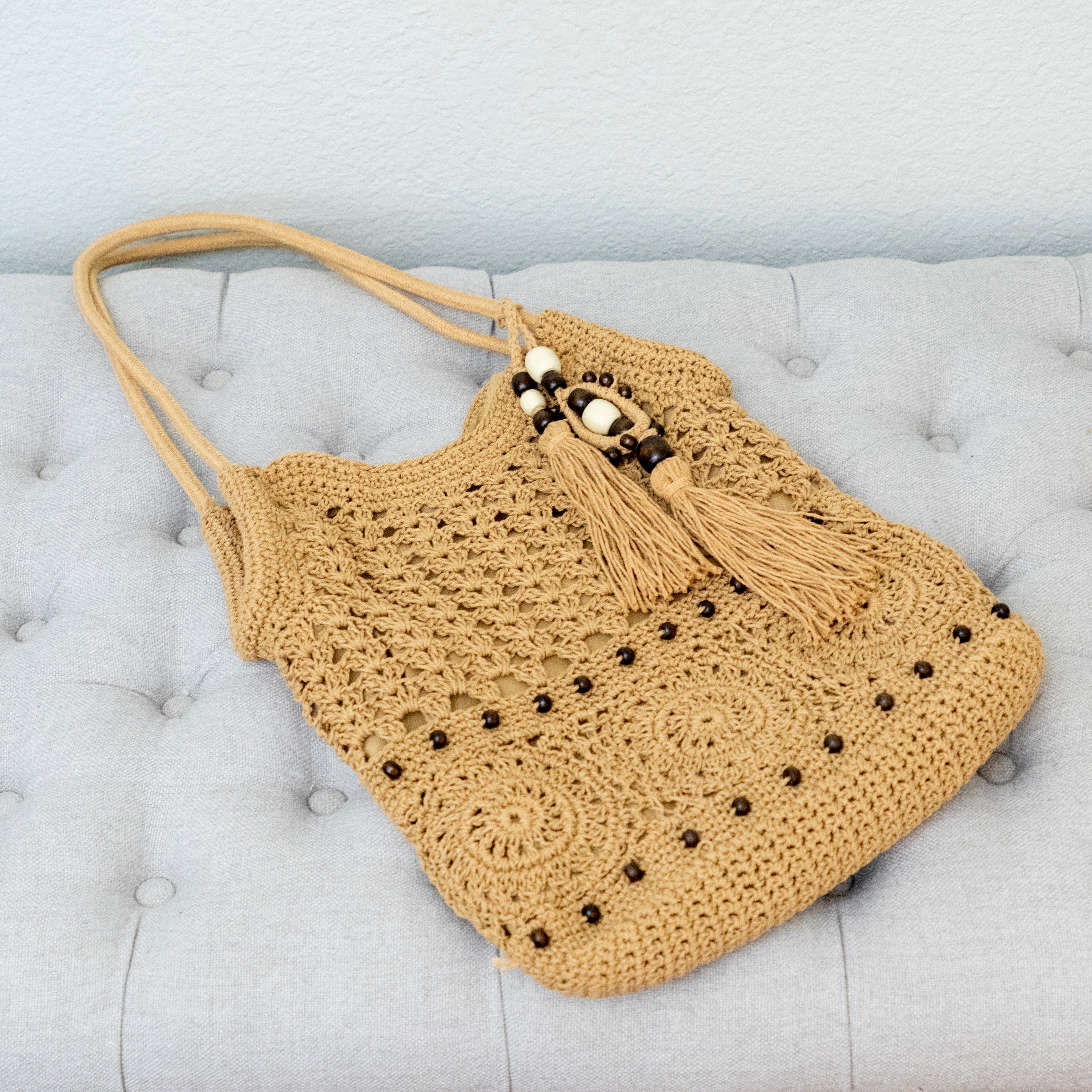 Boho Handmade Crochet Tote Bag with Tassel & Wooden Bead