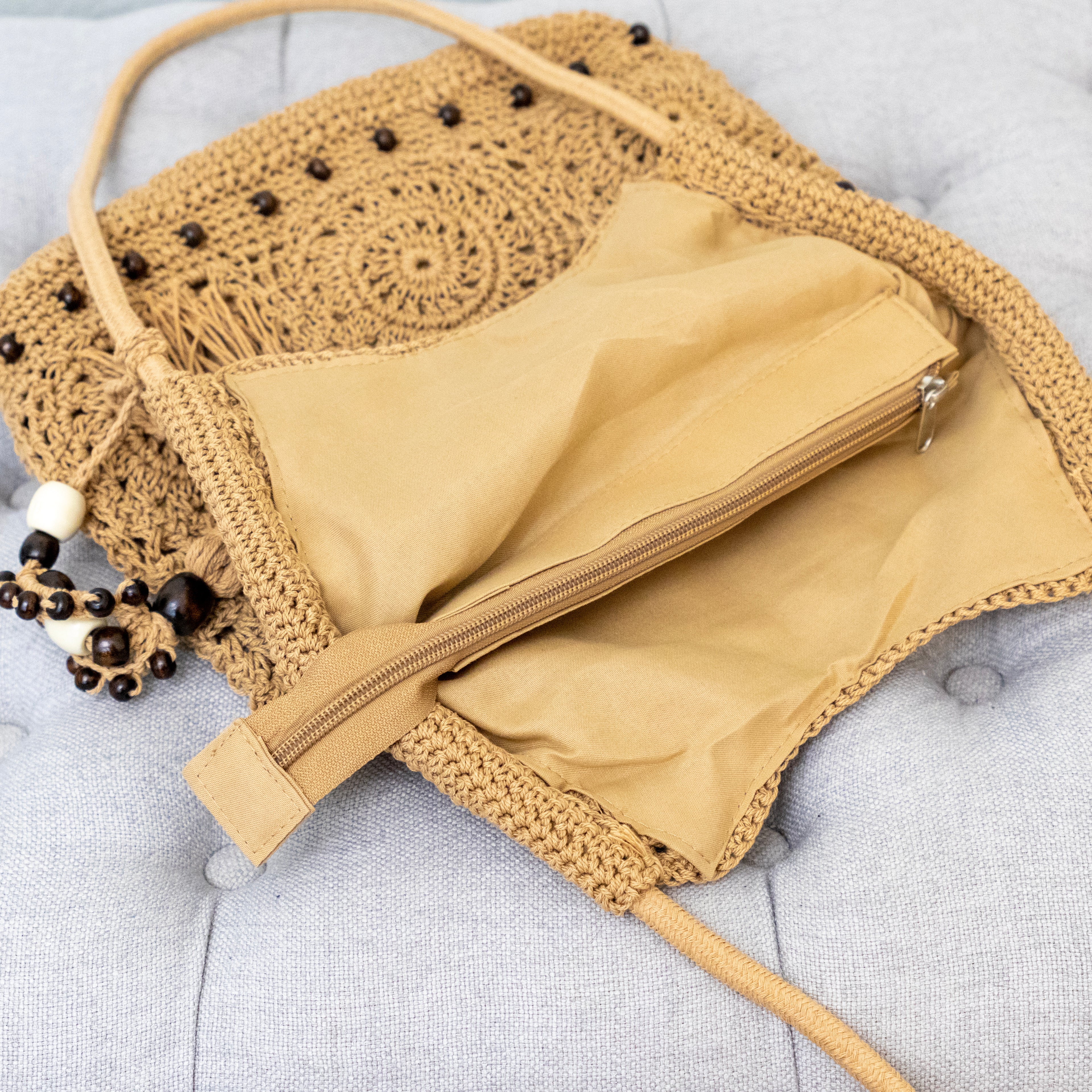 Boho Handmade Crochet Tote Bag with Tassel & Wooden Bead