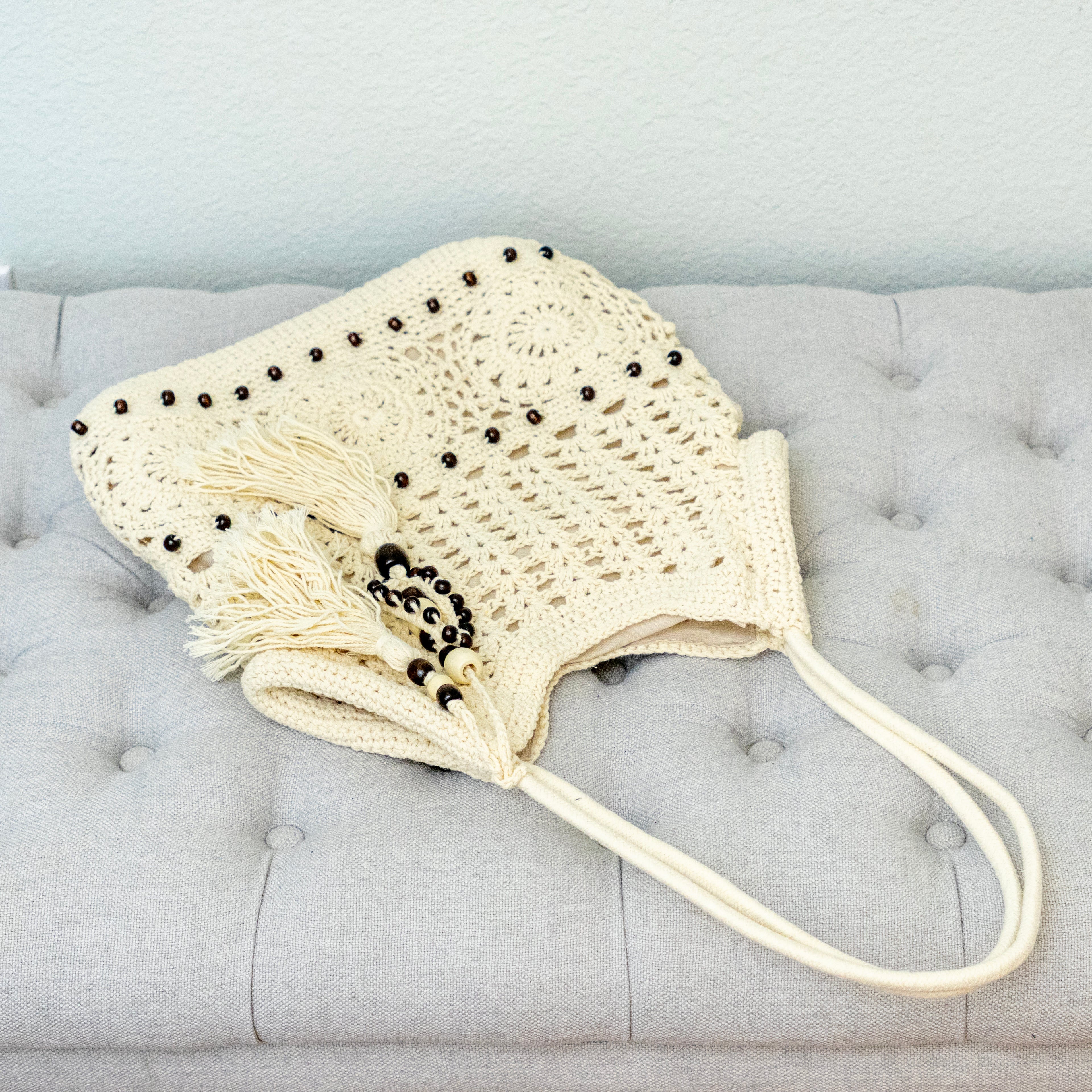 Boho Handmade Crochet Tote Bag with Tassel & Wooden Bead