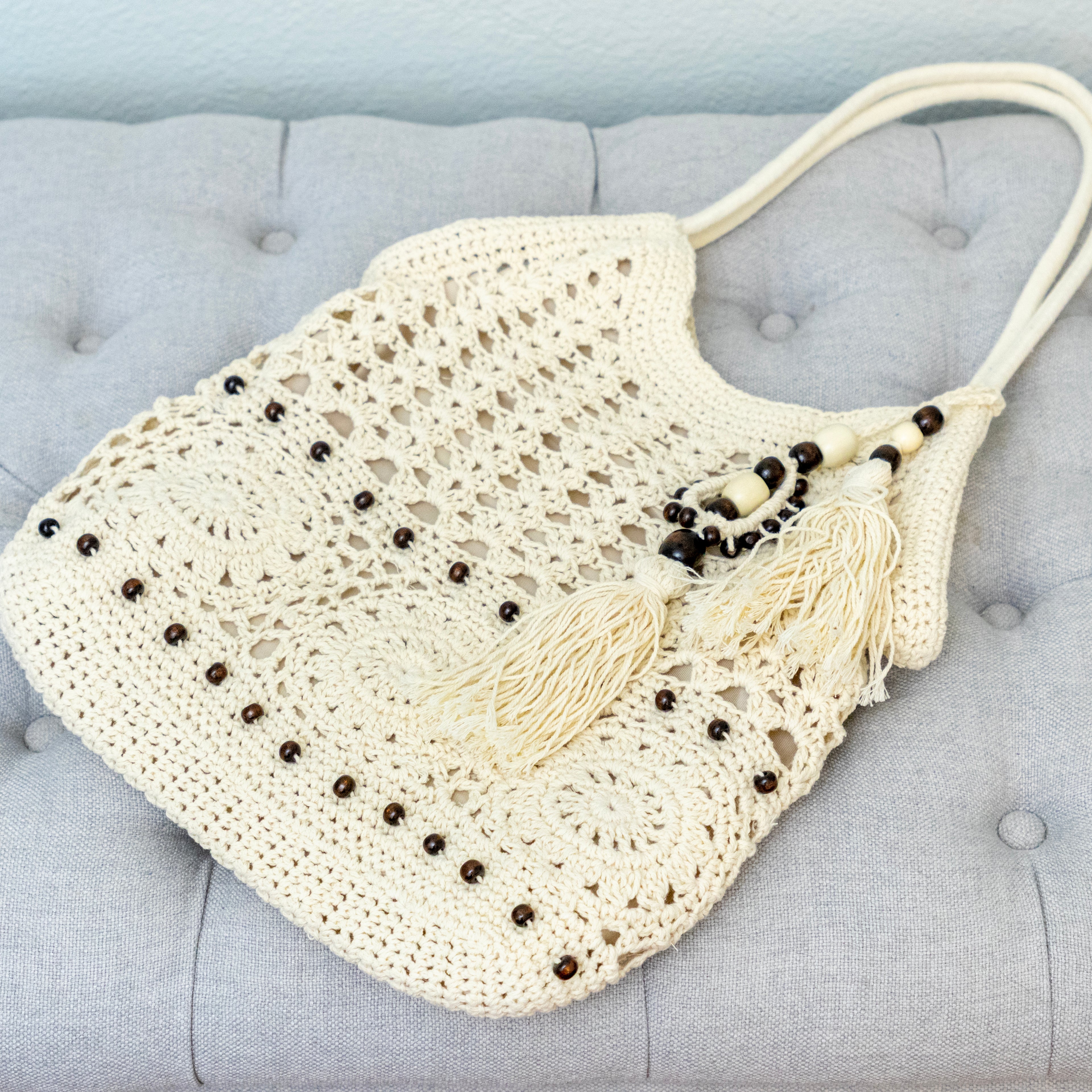 Boho Handmade Crochet Tote Bag with Tassel & Wooden Bead