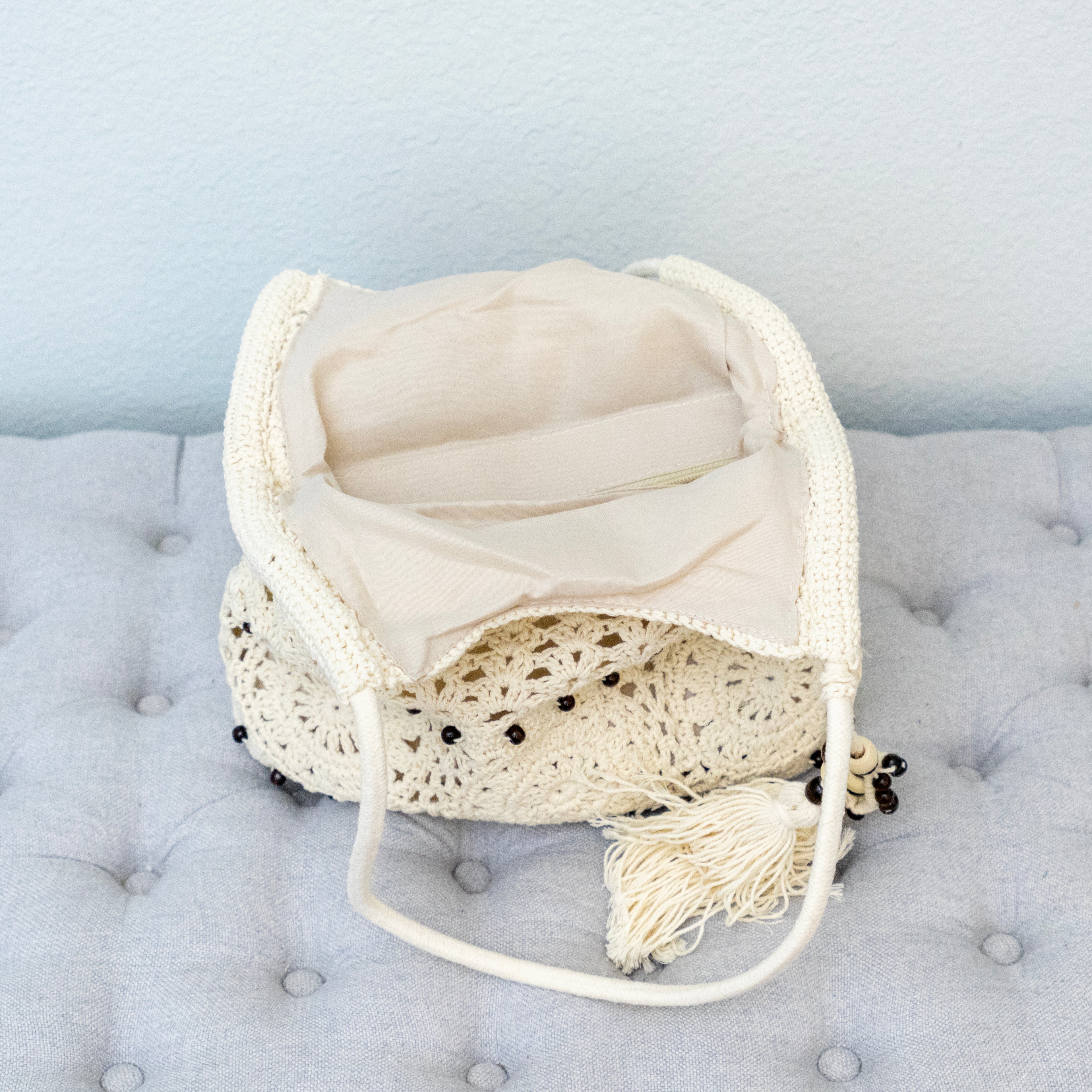 Boho Handmade Crochet Tote Bag with Tassel & Wooden Bead