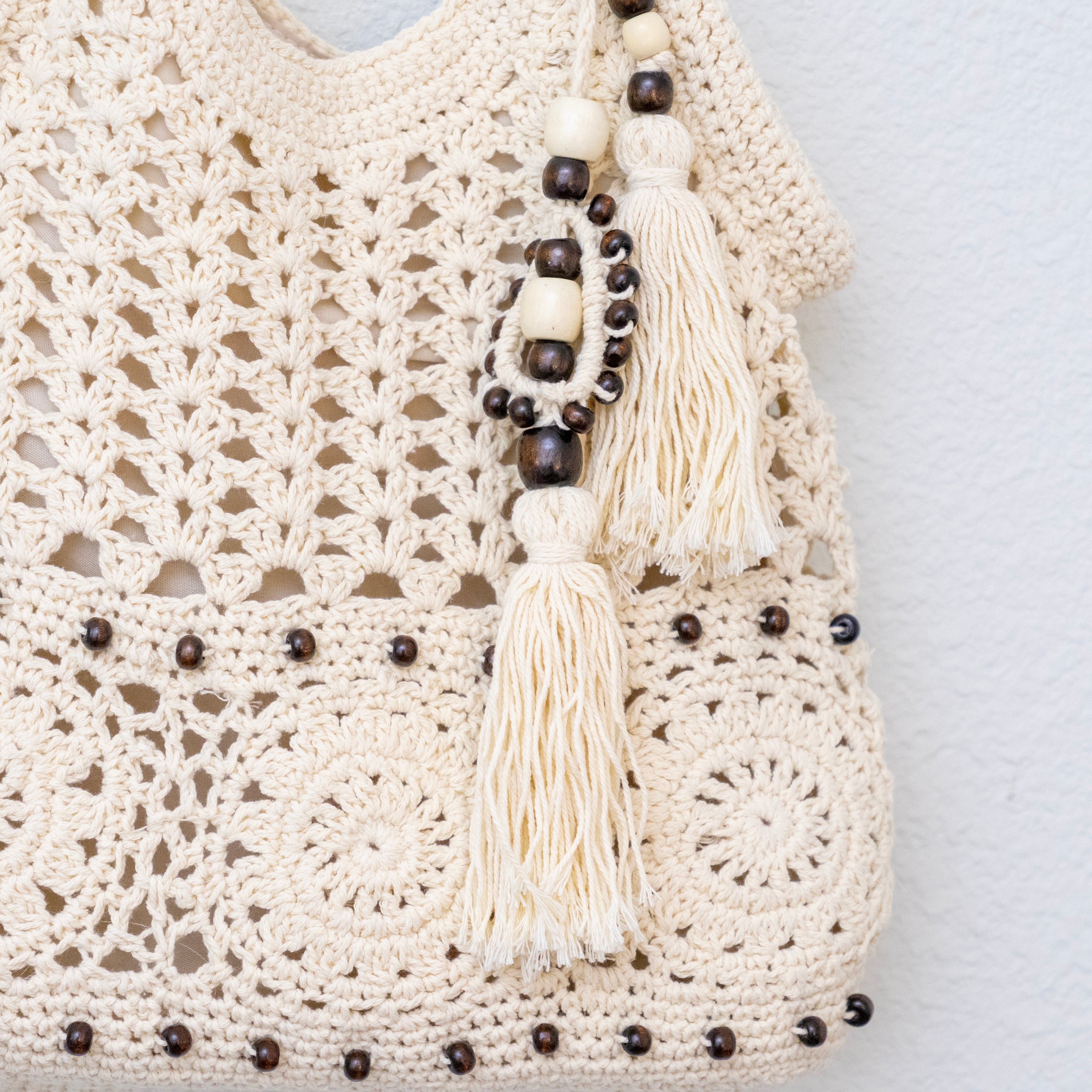 Boho Handmade Crochet Tote Bag with Tassel & Wooden Bead