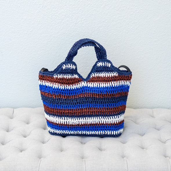Handmade Crochet Straw Tote Bag – Navy, Brown & White Striped Summer Bag