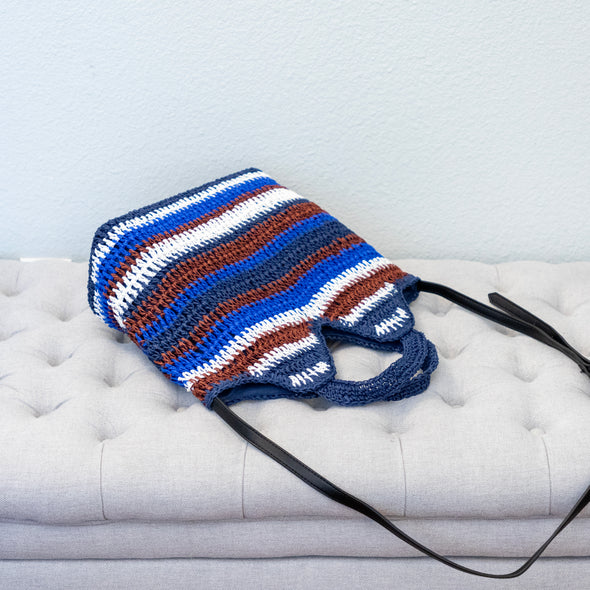 Handmade Crochet Straw Tote Bag – Navy, Brown & White Striped Summer Bag