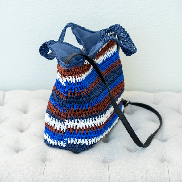Handmade Crochet Straw Tote Bag – Navy, Brown & White Striped Summer Bag