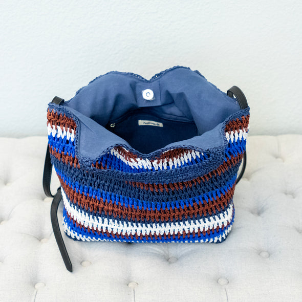 Handmade Crochet Straw Tote Bag – Navy, Brown & White Striped Summer Bag