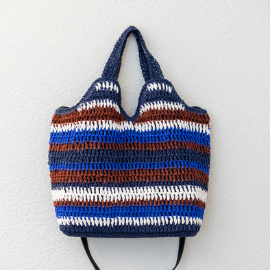 Handmade Crochet Straw Tote Bag – Navy, Brown & White Striped Summer Bag