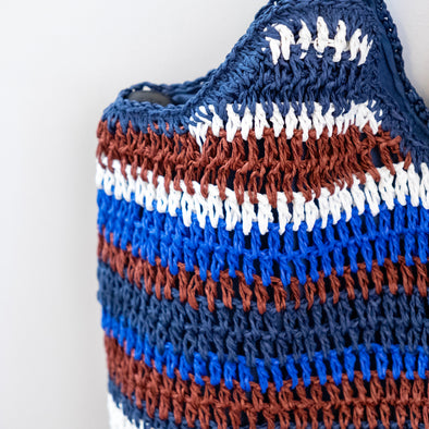 Handmade Crochet Straw Tote Bag – Navy, Brown & White Striped Summer Bag