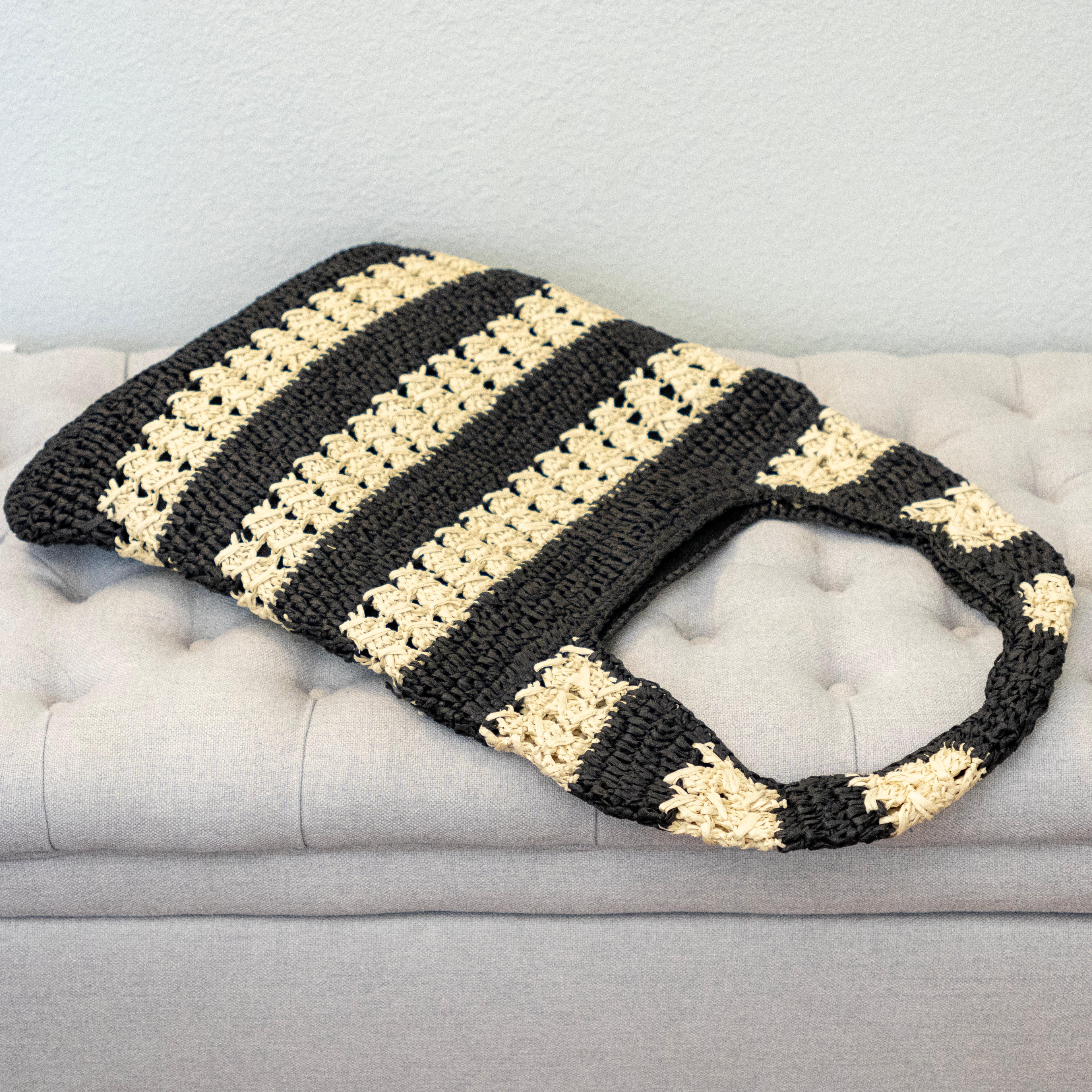 Handmade Crochet Straw Tote Bag – Black & Beige Striped Shoulder Bag