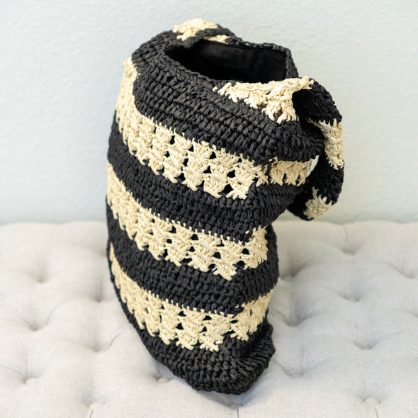 Handmade Crochet Straw Tote Bag – Black & Beige Striped Shoulder Bag