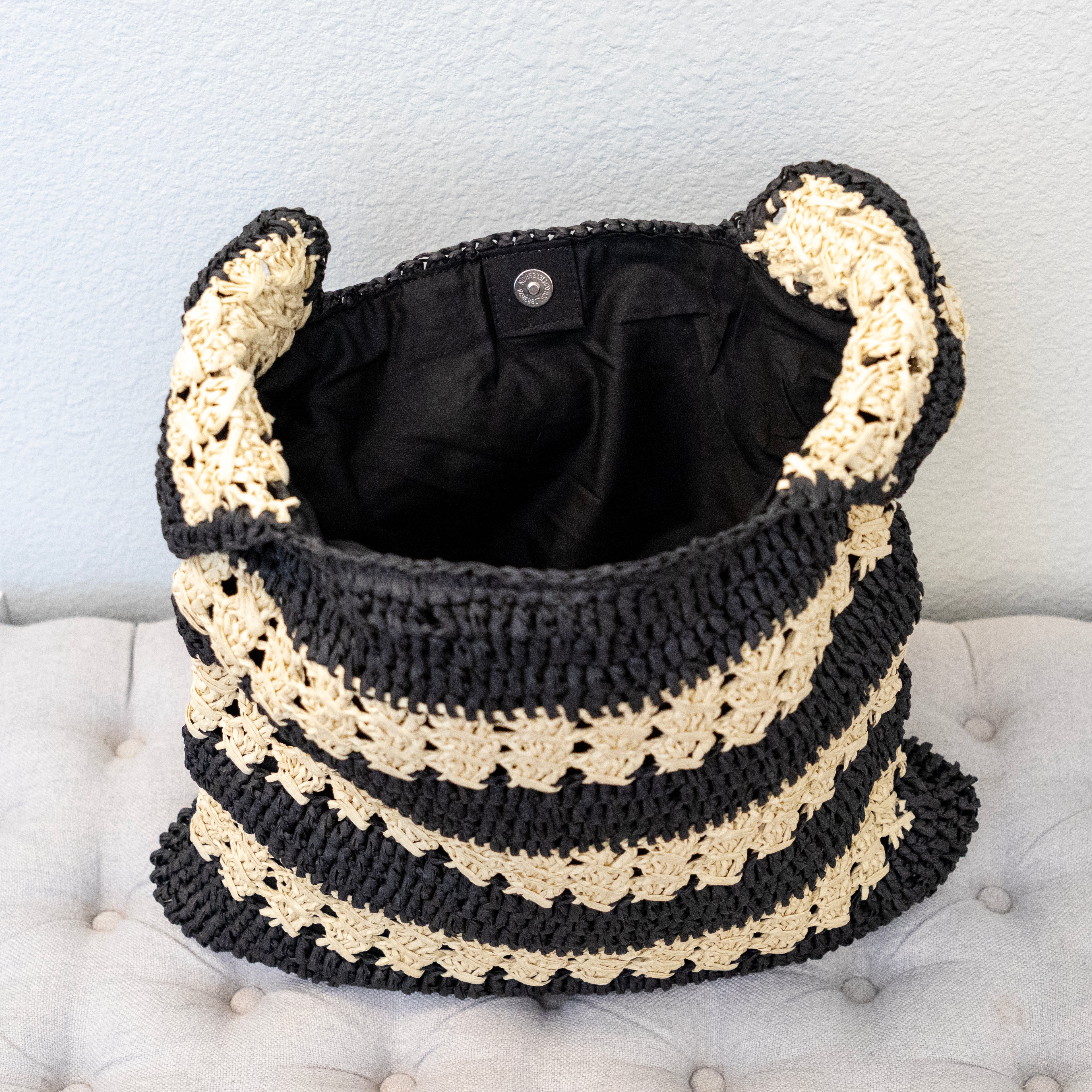 Handmade Crochet Straw Tote Bag – Black & Beige Striped Shoulder Bag