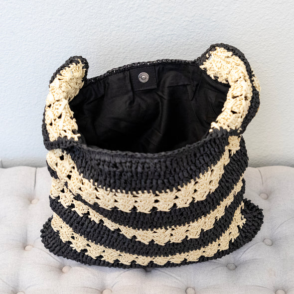 Handmade Crochet Straw Tote Bag – Black & Beige Striped Shoulder Bag