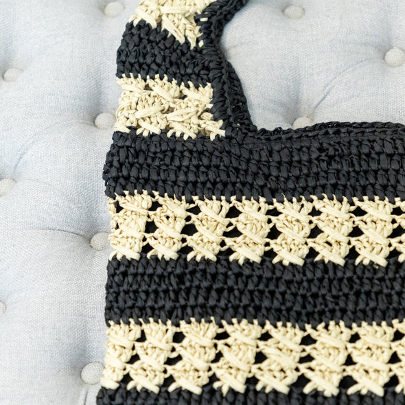 Handmade Crochet Straw Tote Bag – Black & Beige Striped Shoulder Bag