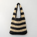 Handmade Crochet Straw Tote Bag – Black & Beige Striped Shoulder Bag