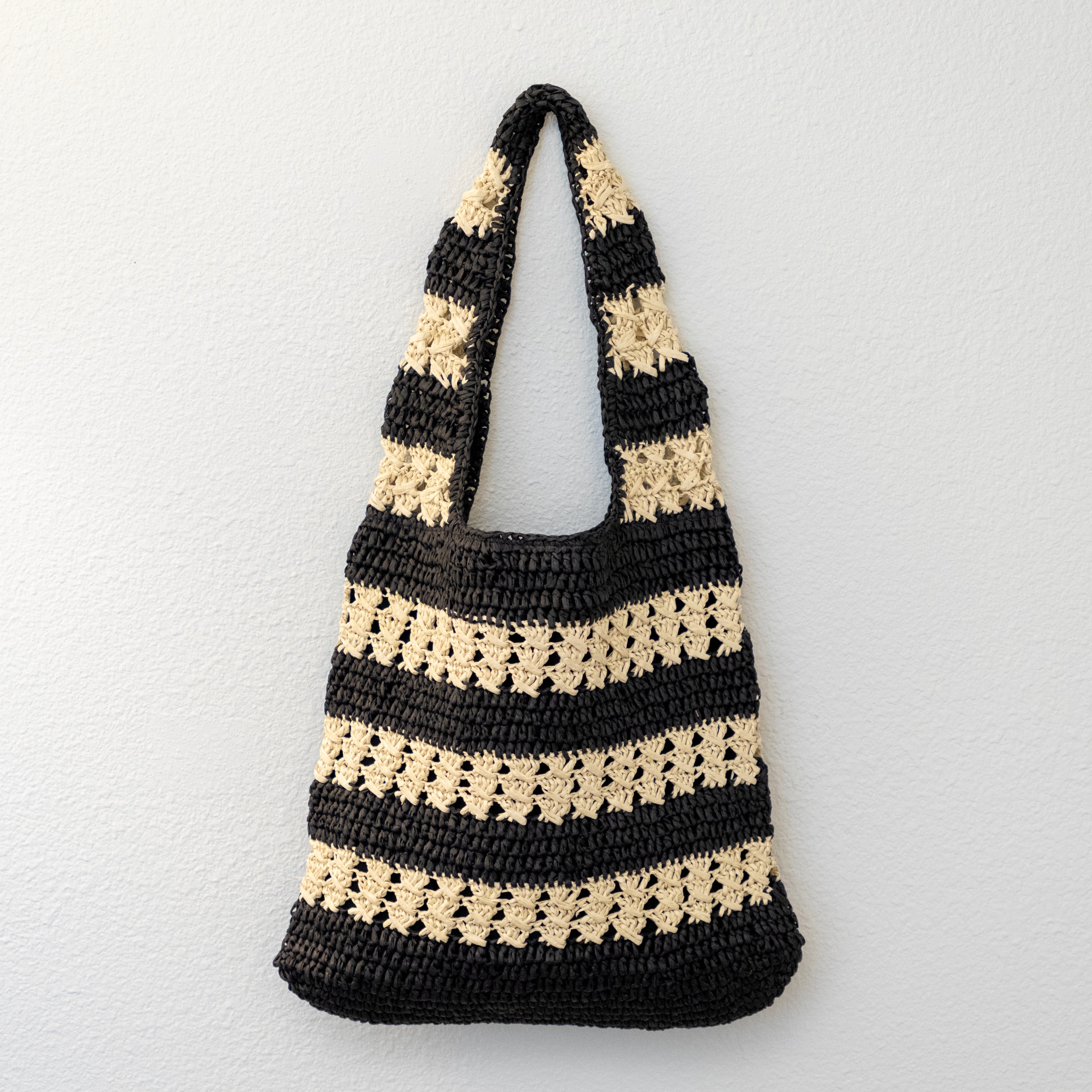 Handmade Crochet Straw Tote Bag – Black & Beige Striped Shoulder Bag