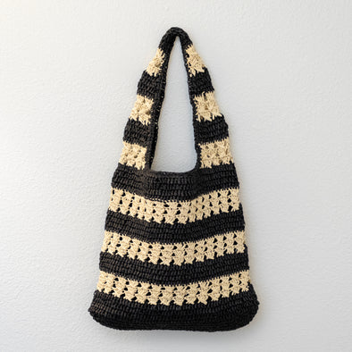 Handmade Crochet Straw Tote Bag – Black & Beige Striped Shoulder Bag