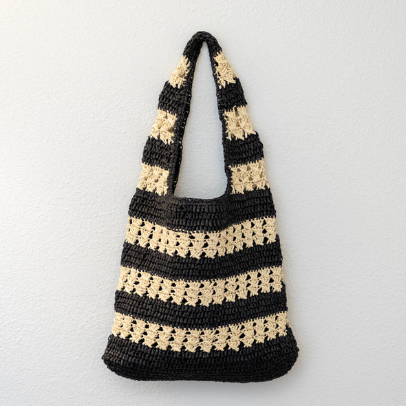 Handmade Crochet Straw Tote Bag – Black & Beige Striped Shoulder Bag