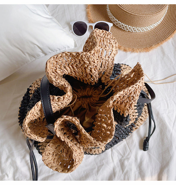 Elena Handbags Fashion Stripe Straw Drawstring Bag