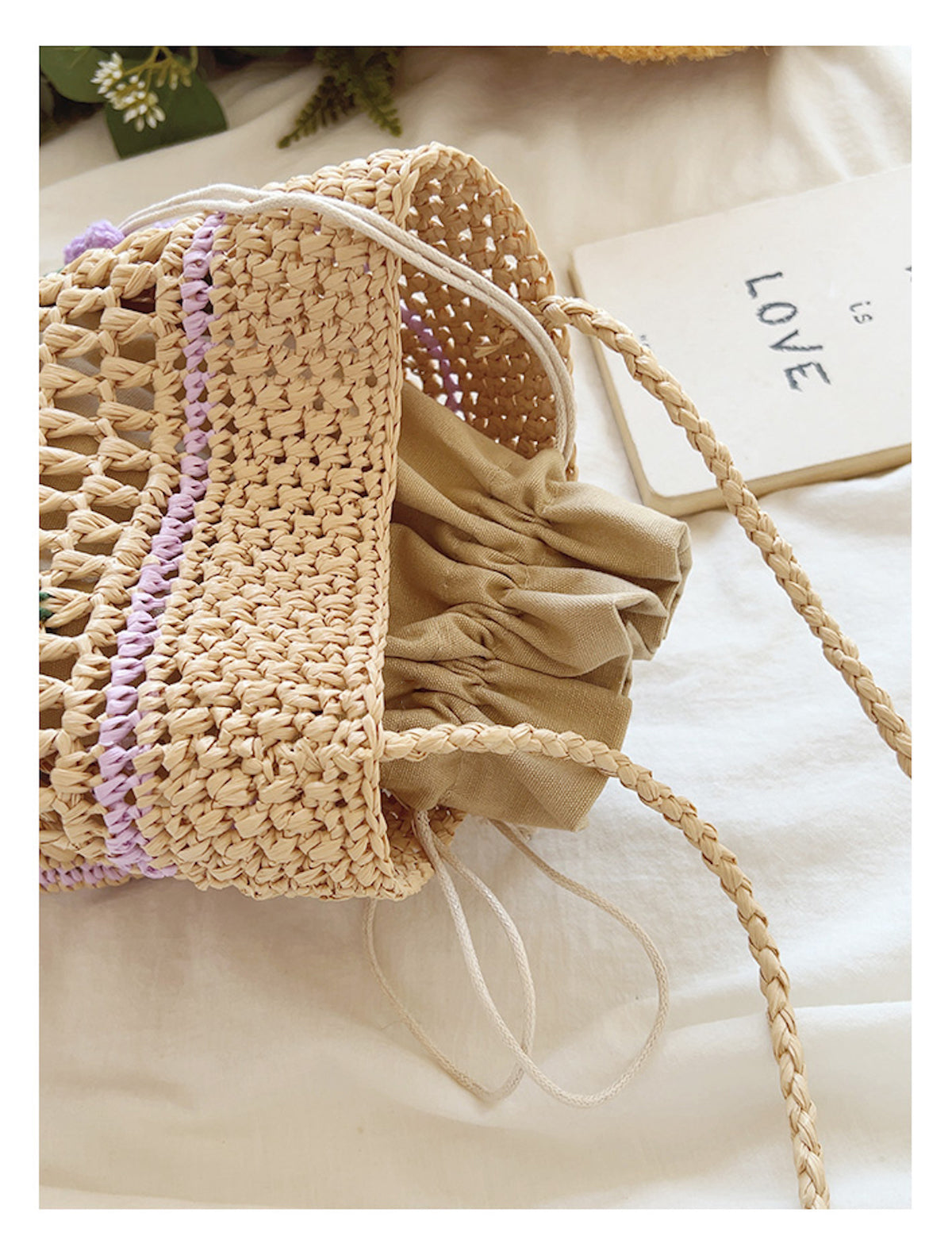 Elena Handbags Floral Straw Shoulder Bucket Bag Lavender