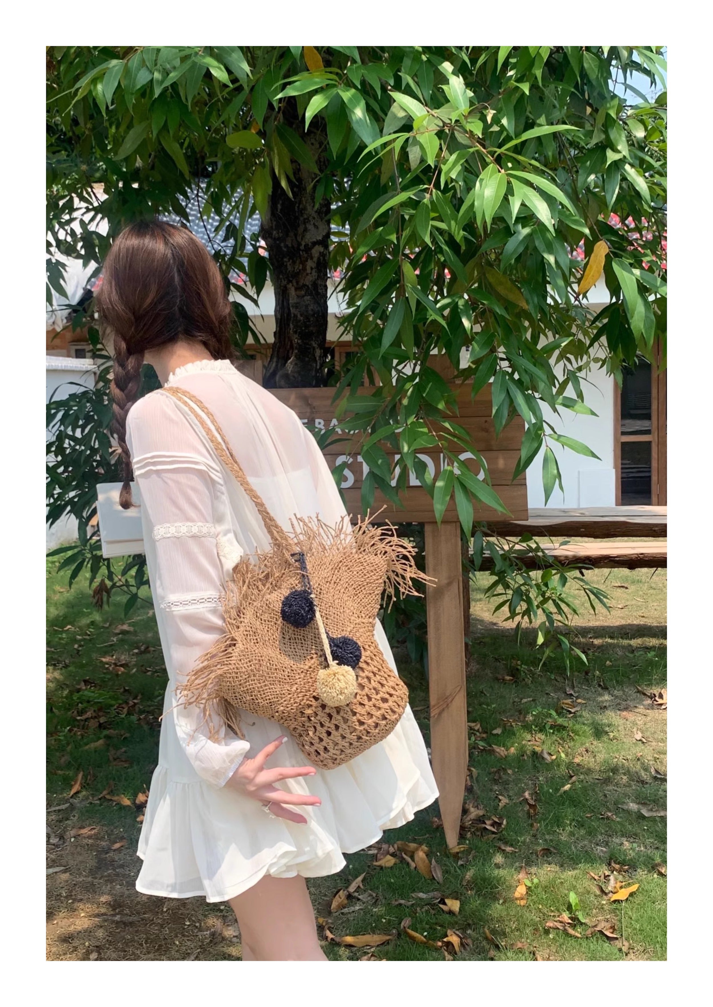 Straw Woven Basket Shape Tote with Pom Pom