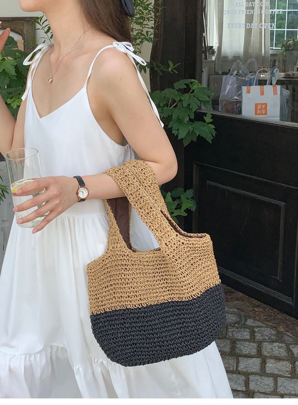 Elena Handbags Summer Two Tone Simple Straw Shoulder Bag
