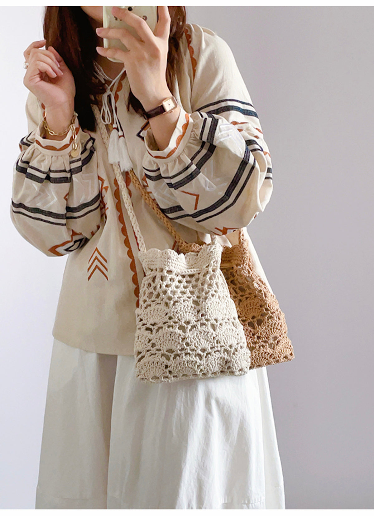 Elena Handbags Floral Cotton Knitted Shoulder Drawstring Bag with Tass