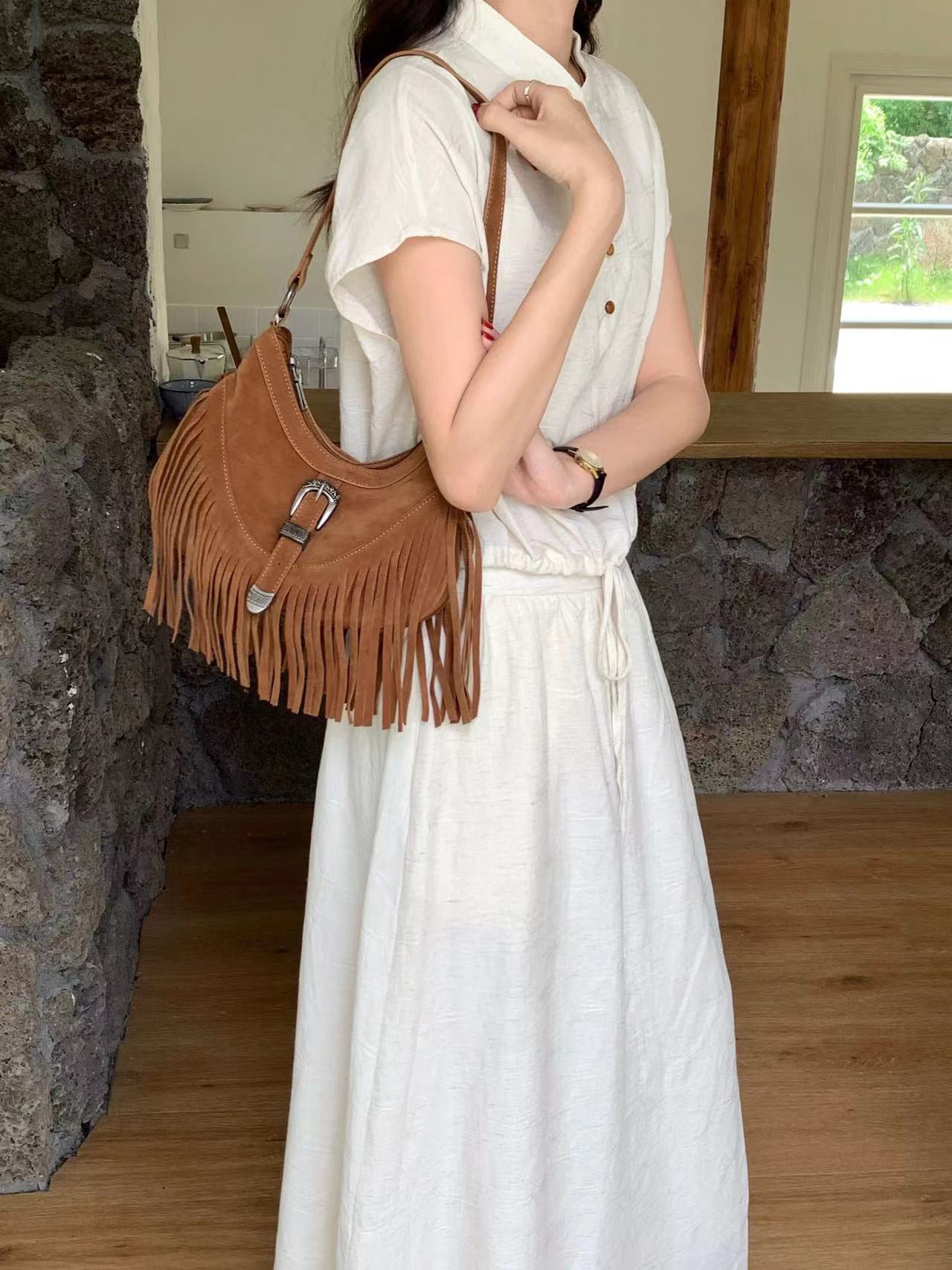 Soft Suede Shoulder Bag with Tassel