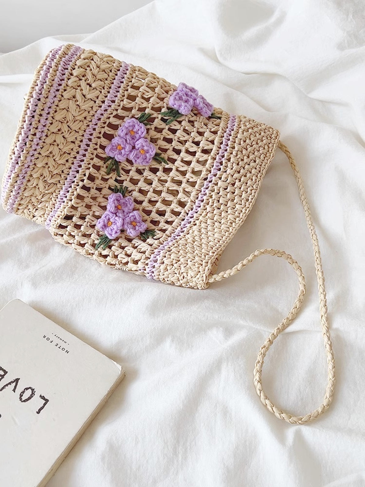 Elena Handbags Floral Straw Shoulder Bucket Bag Lavender