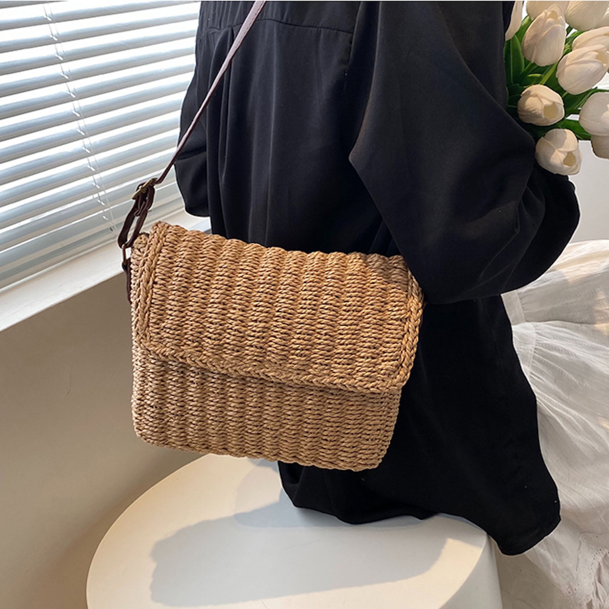 Straw Woven Messenger Bag with Flap