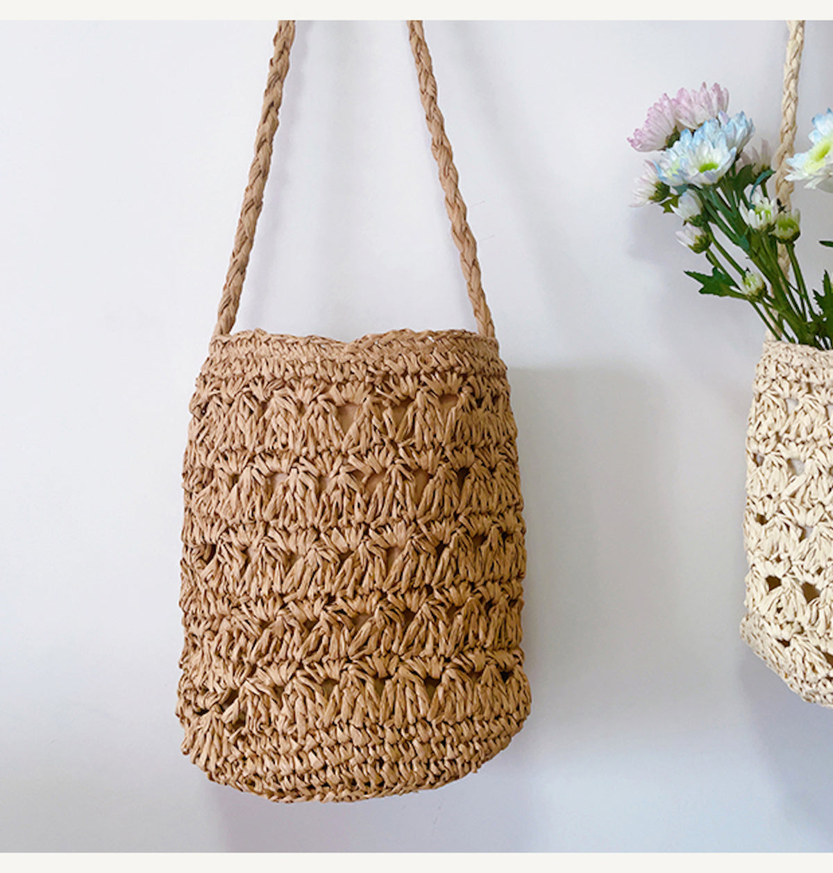 Elena Handbags Patterned Straw Shoulder Bucket Bag