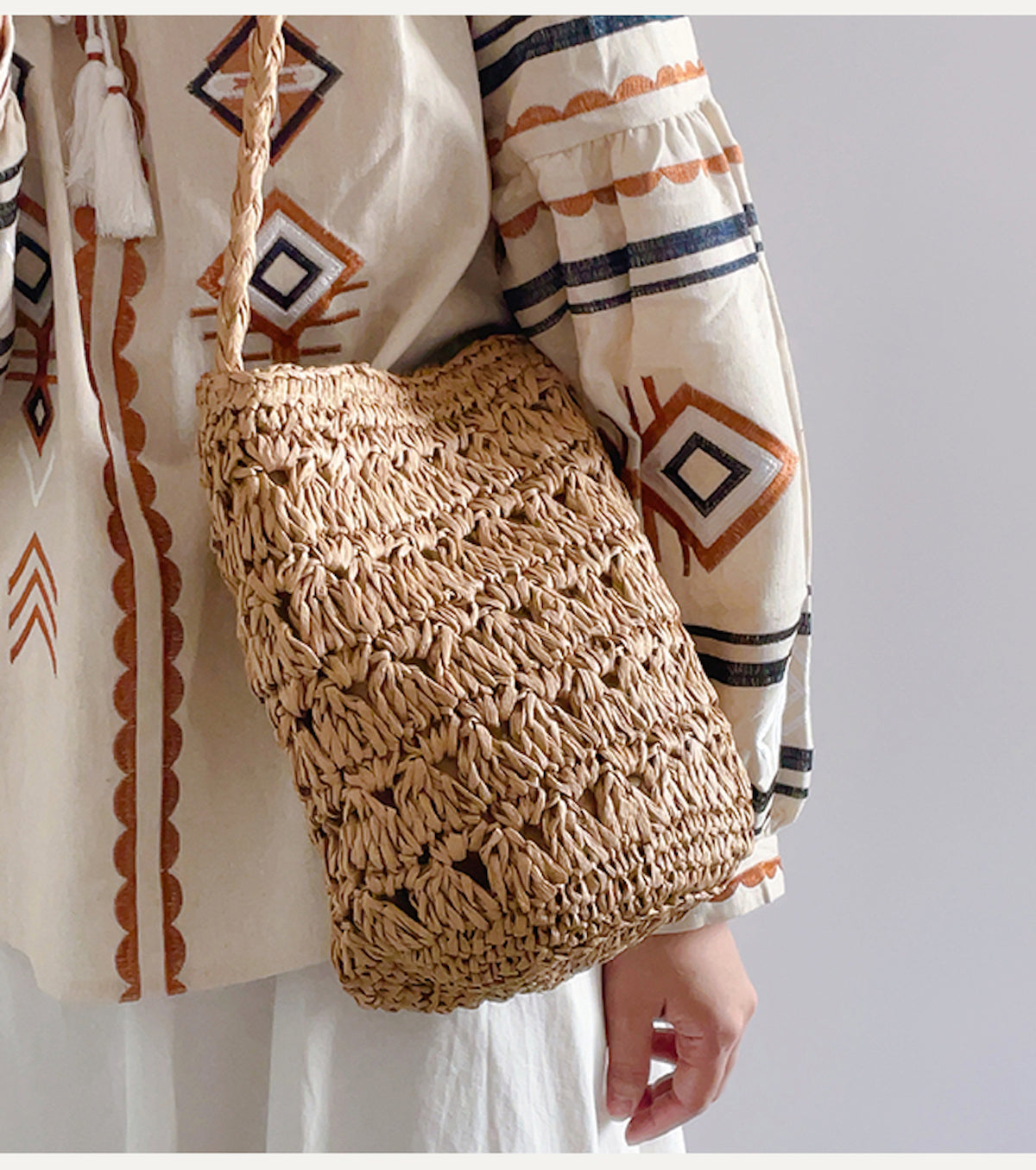 Elena Handbags Patterned Straw Shoulder Bucket Bag