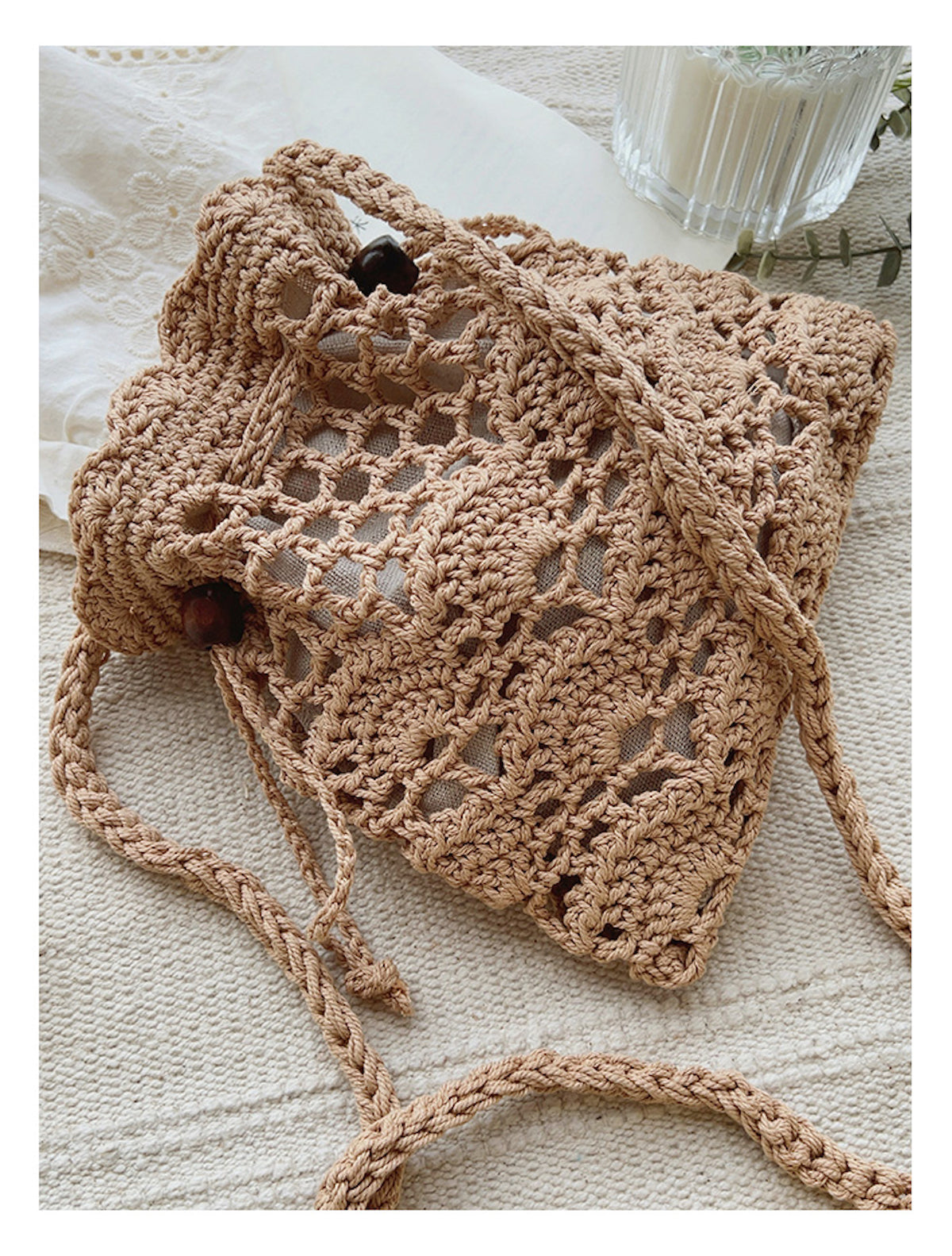 Elena Handbags Floral Cotton Knitted Shoulder Drawstring Bag with Tassel