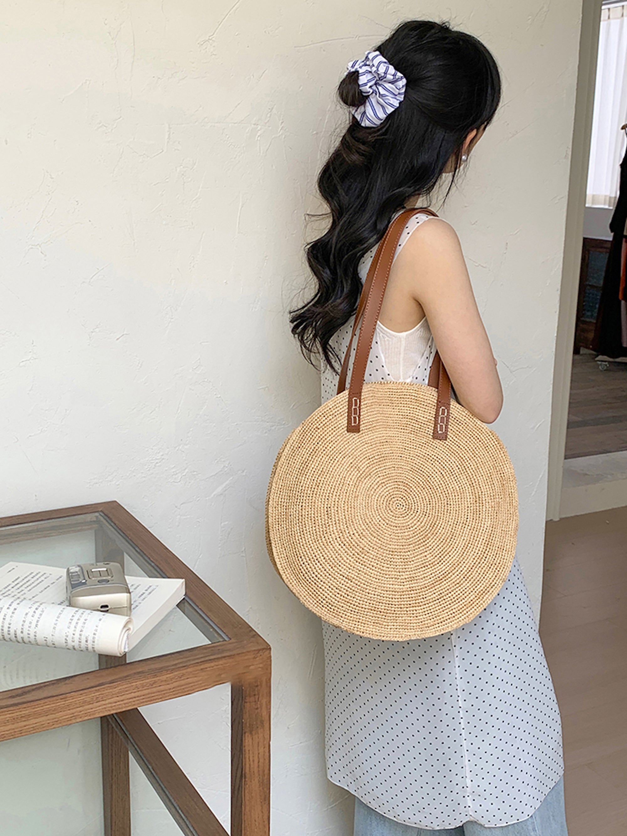 Round Raffia Woven Shoulder Bag with Genuine Leather Straps
