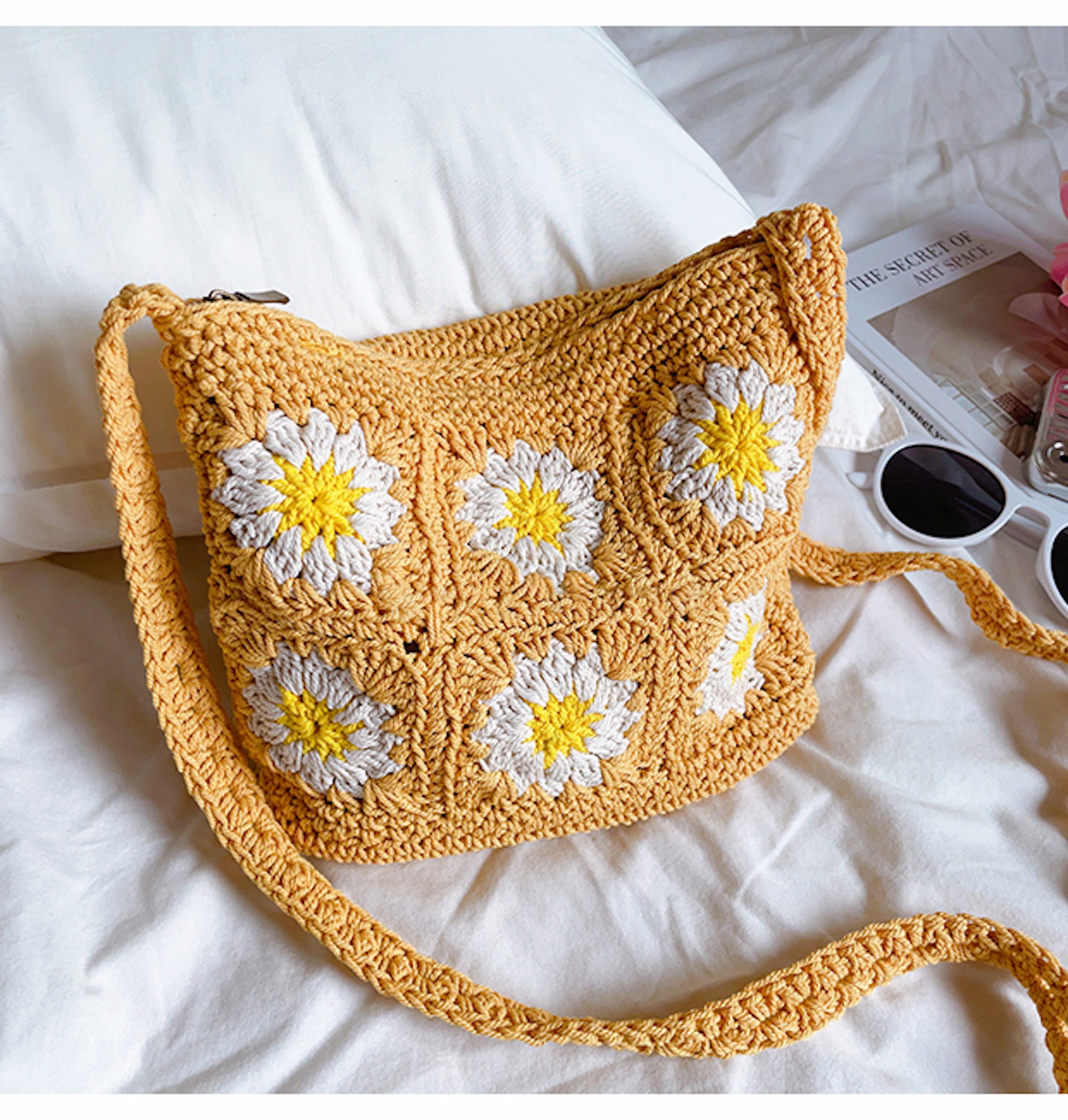 Elena Handbags Handmade Crochet Floral Square Shoulder Bag