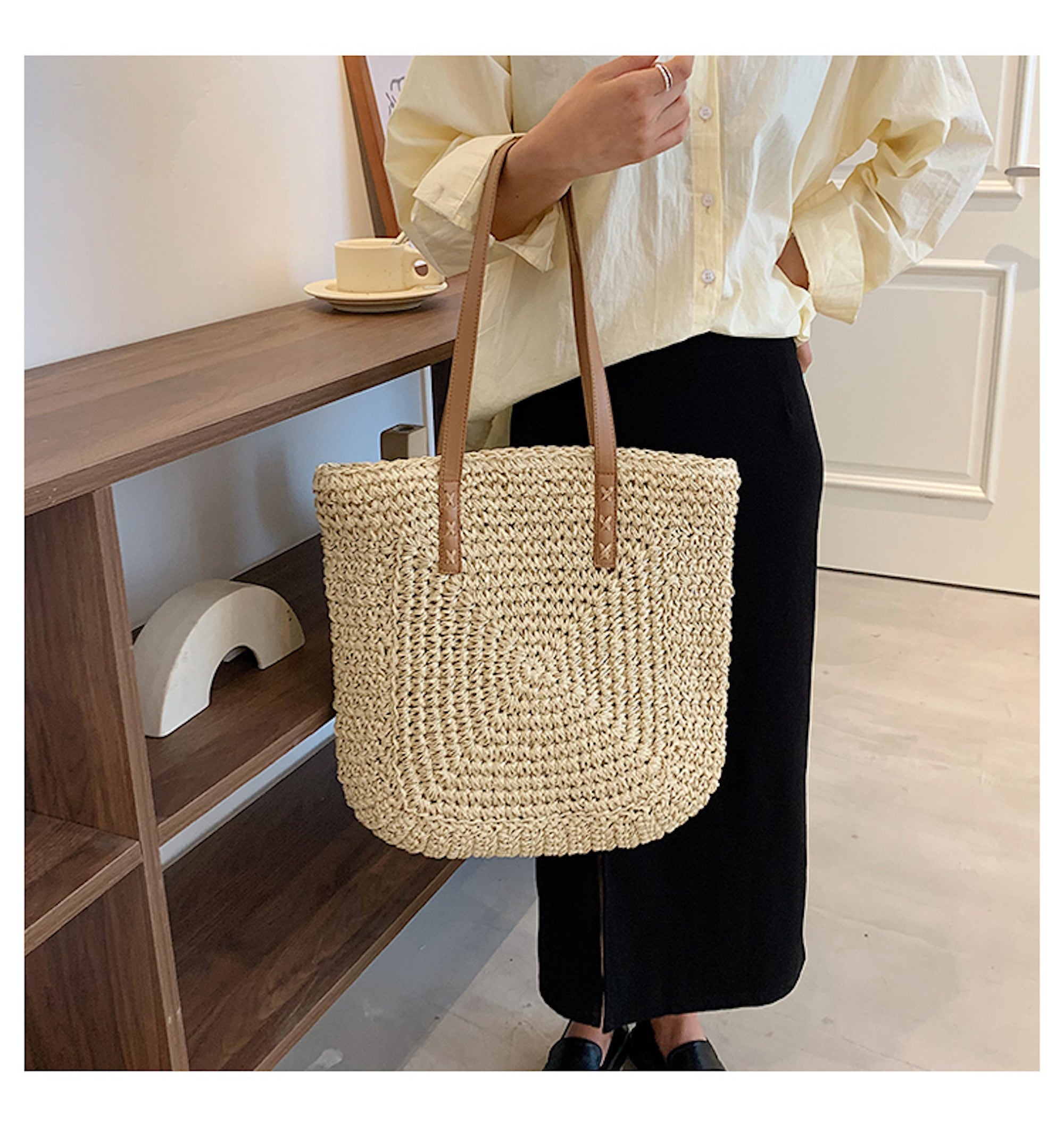 Patterned Straw Woven Tote Bag