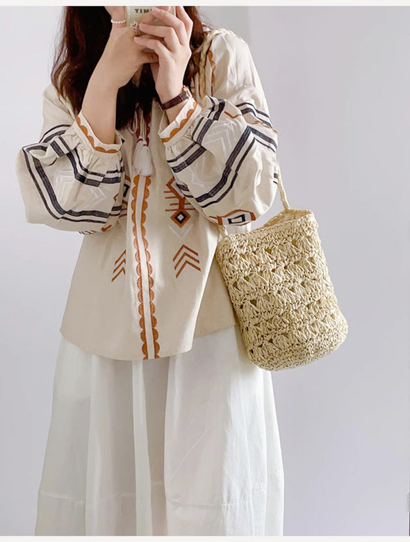 Elena Handbags Patterned Straw Shoulder Bucket Bag