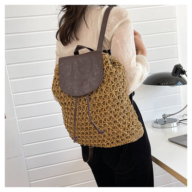 Elena Handbags Straw Woven Backpack with Leather Strap and Flap