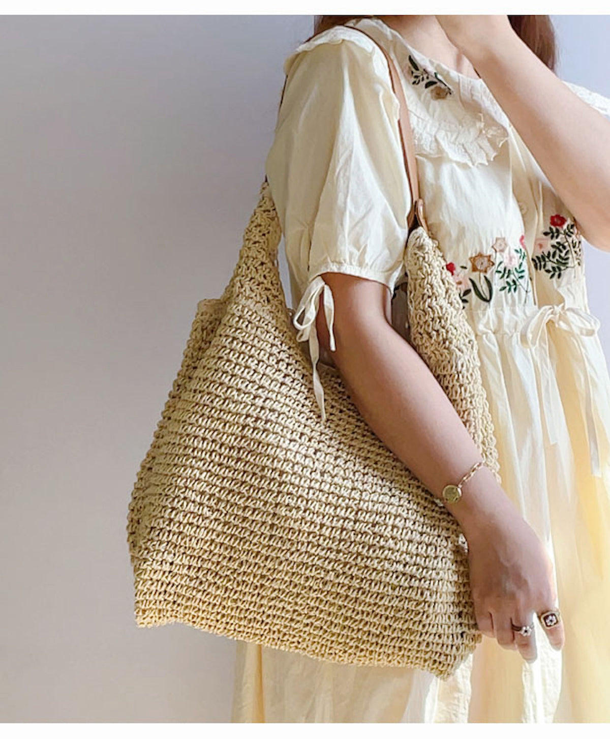 Elena Handbags Straw Woven Tote with Leather Straps