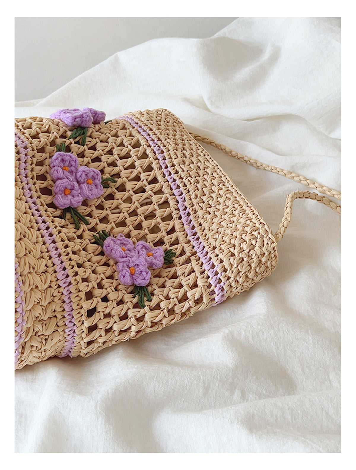 Elena Handbags Floral Straw Shoulder Bucket Bag Lavender