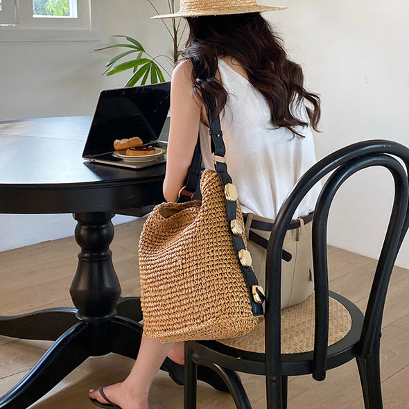 Elena Handbags Straw Woven Tote with Leather Straps