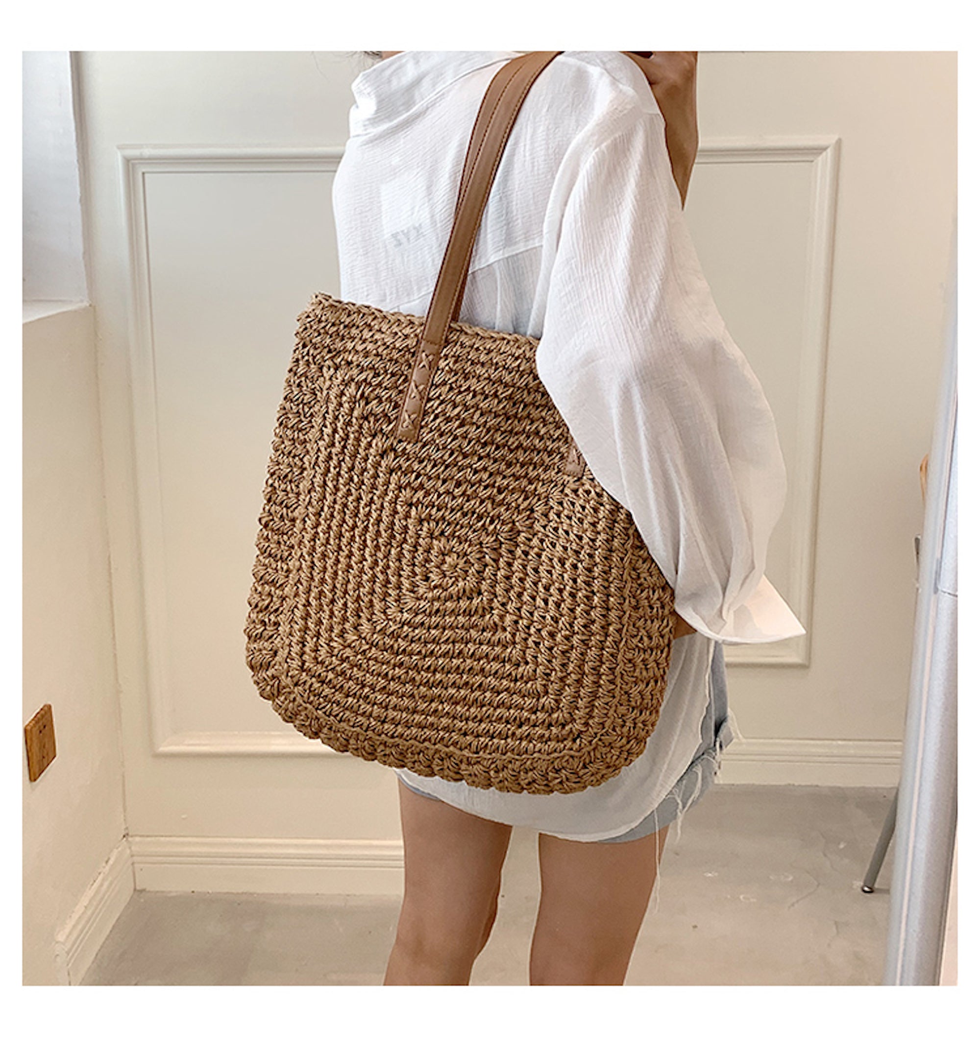 Patterned Straw Woven Tote Bag