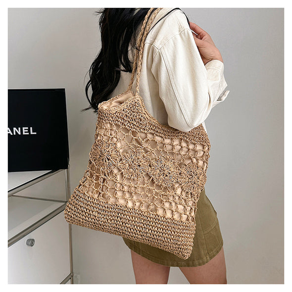 Elena Handbags Straw Woven Summer Fashion Bag with Floral Designs