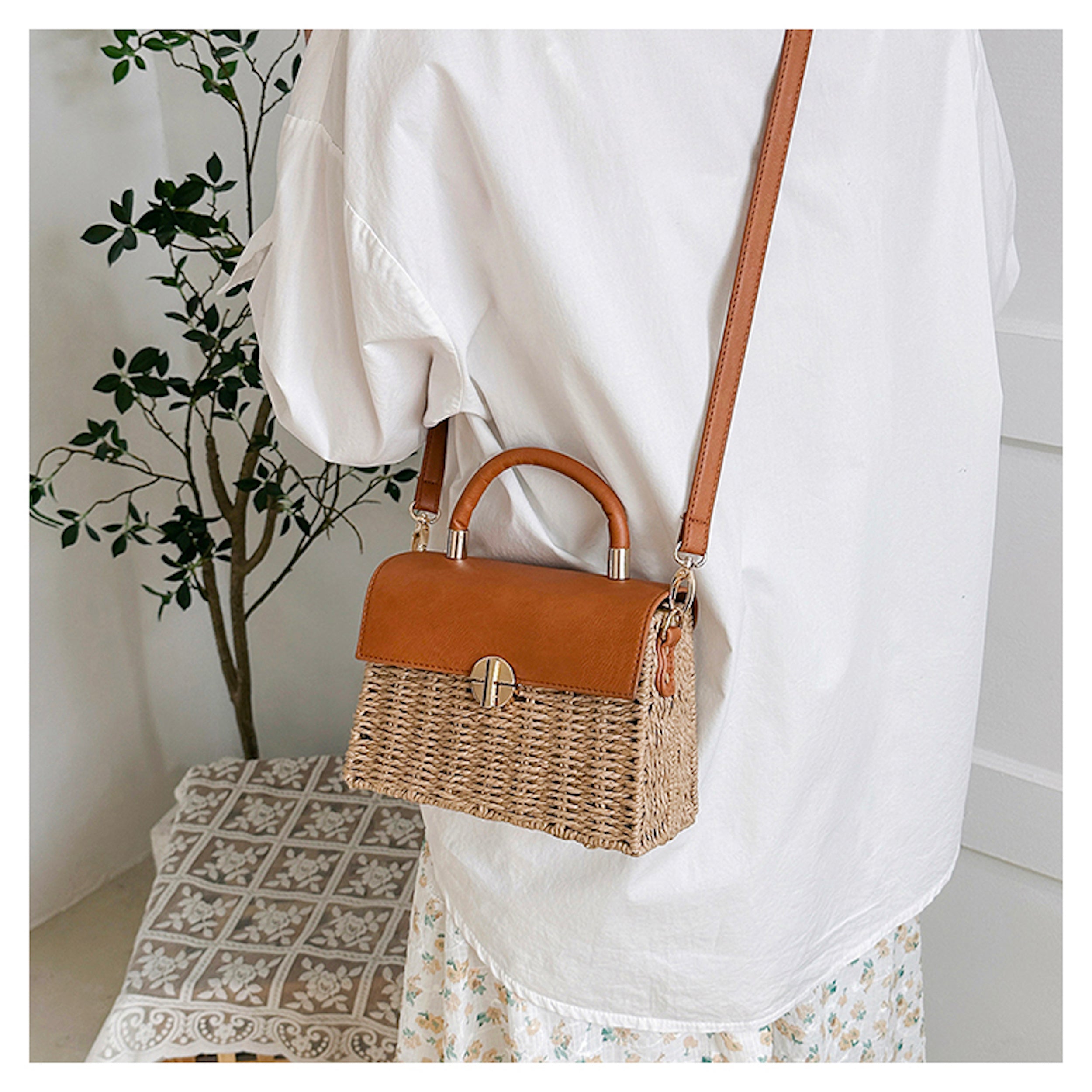 Straw Woven Box Bag with Leather Flap and Trims