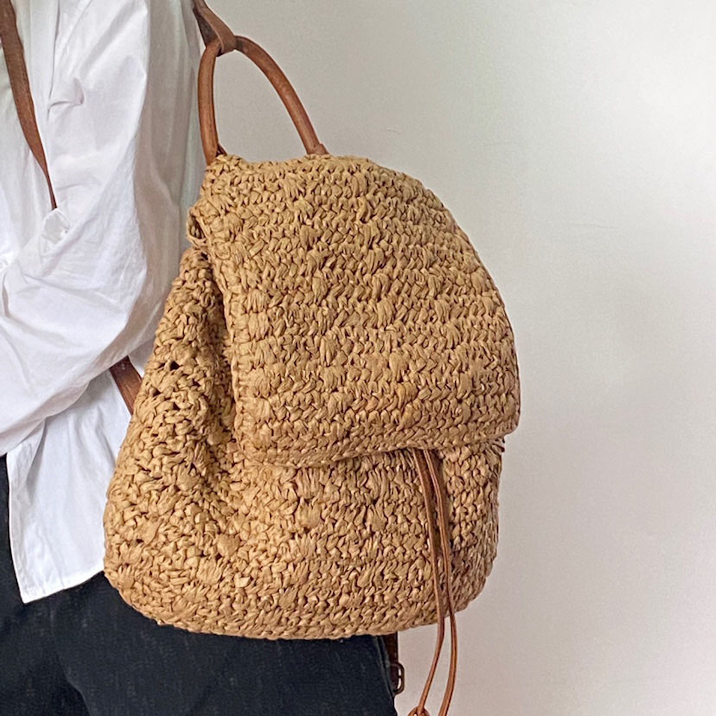 Straw Backpack with Vegan Leather Strap