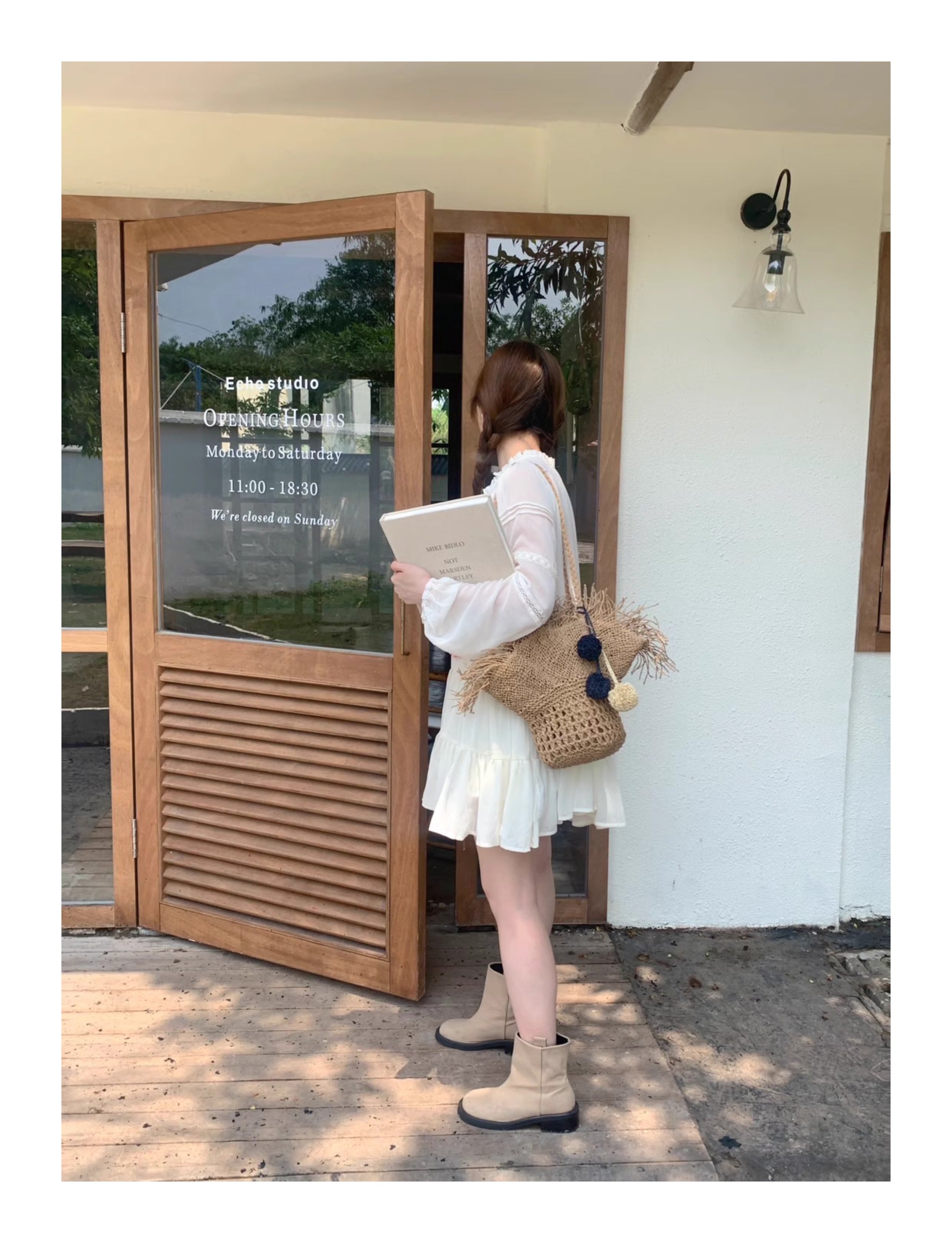 Straw Woven Basket Shape Tote with Pom Pom