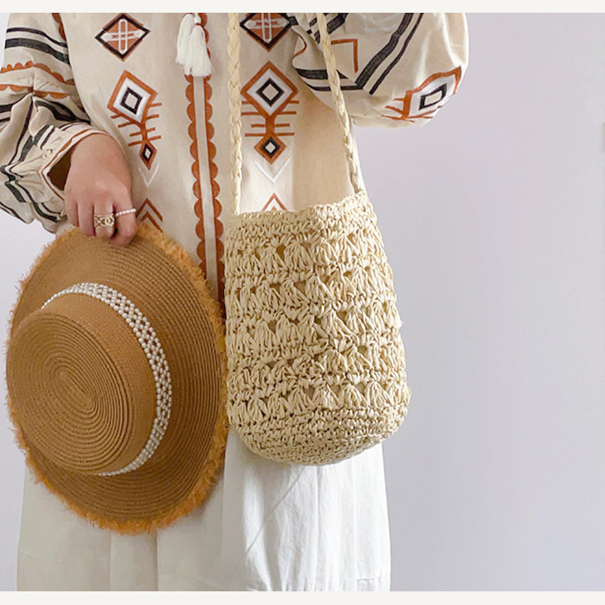 Elena Handbags Patterned Straw Shoulder Bucket Bag